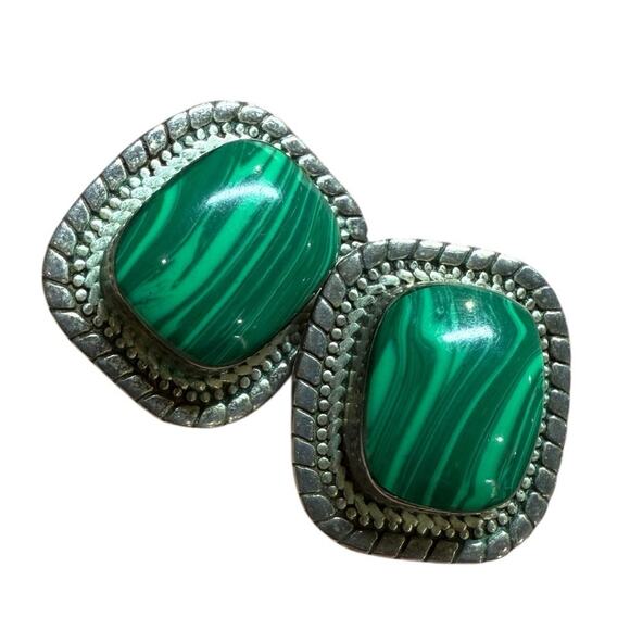 Green Malachite Stone 925 Sterling Silver Earrings Mexico ATI Rectangle Pierced - Picture 1 of 8